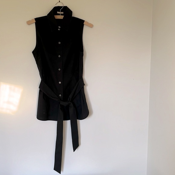 Magaschoni Black Cotton Stretch Sleeveless Tie Button Down Blouse, 6 US - Picture 2 of 6